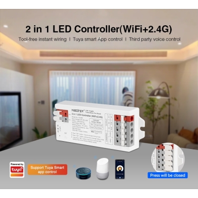 Mi-Light E2-WR (WiFi+2,4GHz) 2v1 řídící jednotka pro jednobarevné a CCT LED pásky, 12-24V, PUSH DIM, TUYA