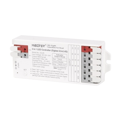 Mi-Light E3-ZR (Zigbee 3.0+2,4GHz) 3v1 řídící jednotka pro RGB/RGBW/RGB+CCT LED pásky, 12-24V, PUSH DIM, TUYA