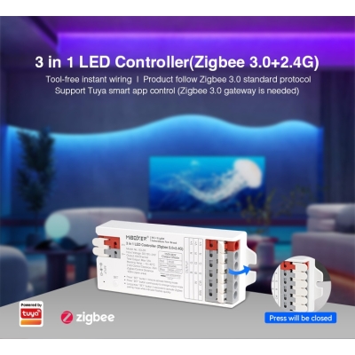 Mi-Light E3-ZR (Zigbee 3.0+2,4GHz) 3v1 řídící jednotka pro RGB/RGBW/RGB+CCT LED pásky, 12-24V, TUYA